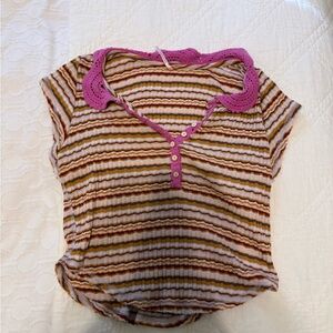 Free People Pink Collar Striped Knit Top